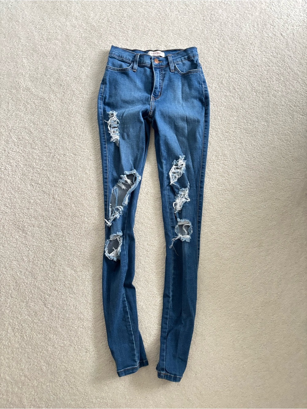 Vibrant MIU Dark Wash Distressed High Rise Skinny Jeans